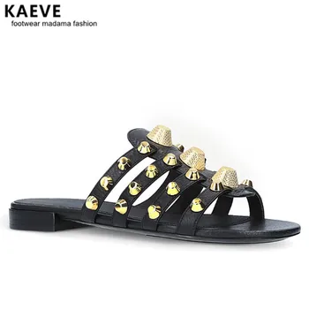 

Women Black Giant Studded Sandals Gold Stud Slides Sliver Beach Shoes White Slippers Vacation Flats Mules Large Size Wholesale