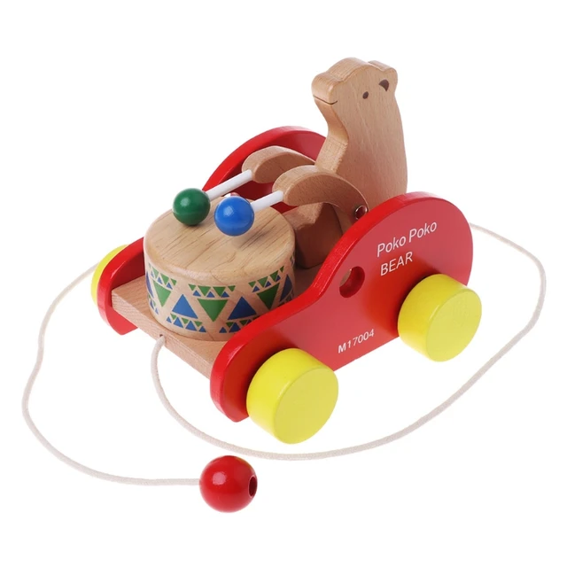 Bear Drum Solid Wood Pull Toys Wooden Pull Along Toy Kids Educational