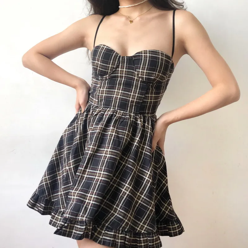 

Women Cupped Seamed Flared Check Mini Dress Fit-and-flare Mini Dress