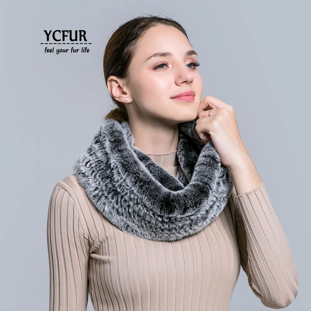

[YCFUR] Classic Style Women Scarves Wraps Winter Knit Rex Rabbit Fur Ring Scarf Female Neck Warmer Long Scarfs Ladies
