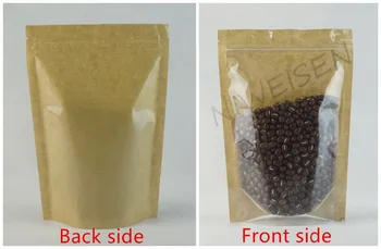 

12x20cm 100pcs/lot self-standing brown krafe paper ziplock bag with transparent front-storage coffee bean craft paper sachet