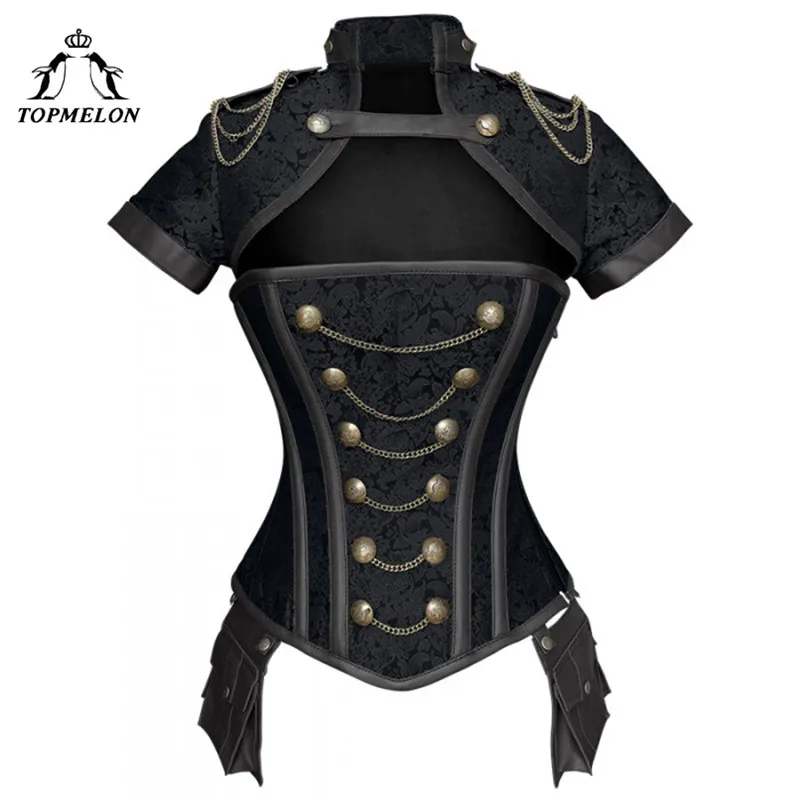 TOPMELON Steampunk Corset Gothic Steel Boned Flora Punk Bustiers Women Cut Out Chains Buttons Corselet Short Sleeve Bustier Tops