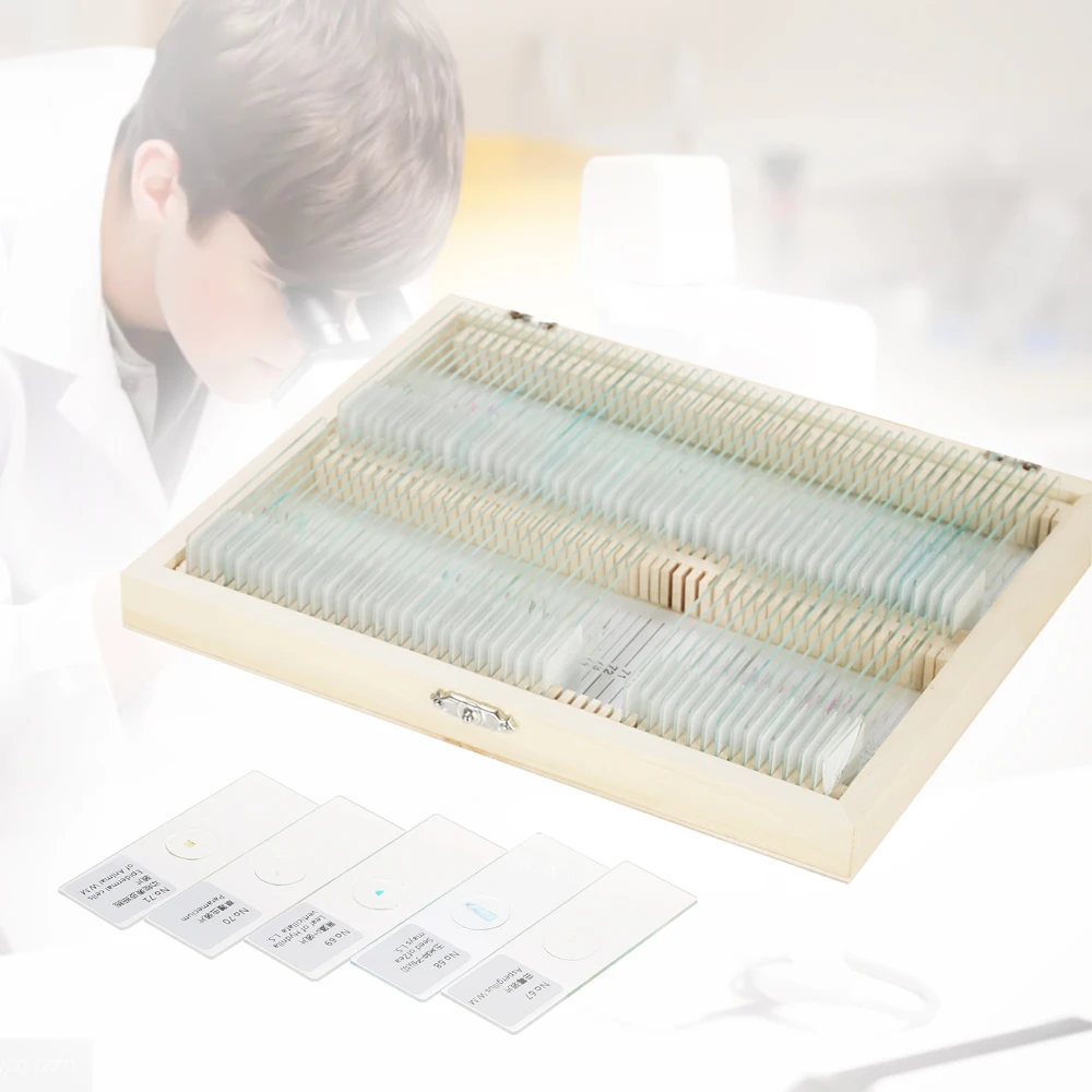 

KKmoon 100pcs/set Prepared Microscope Slides Animal Plants Insects Tissues Biological Specimens Slides Set with Wooden Case