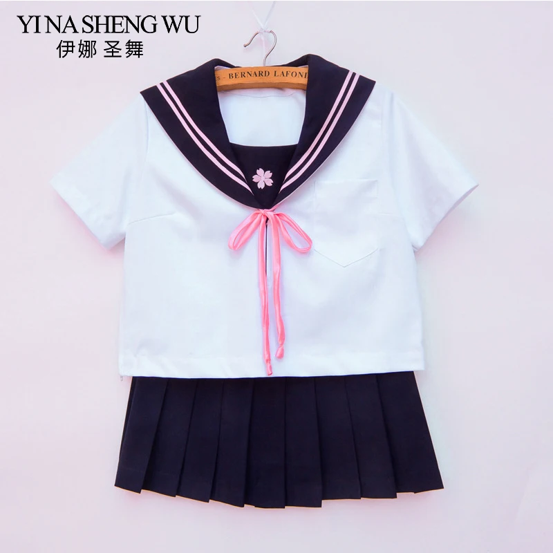 

Japanese JK Uniform Students Sailor Suit Short Sleeve Set Top+Dark Blue Skirt+Pink Tie Girls Cosplay Sailor Suit School Uniforms