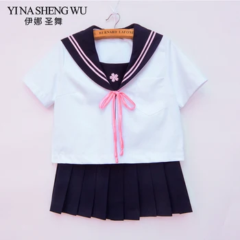 

Japanese JK Uniform Students Sailor Suit Short Sleeve Set Top+Dark Blue Skirt+Pink Tie Girls Cosplay Sailor Suit School Uniforms