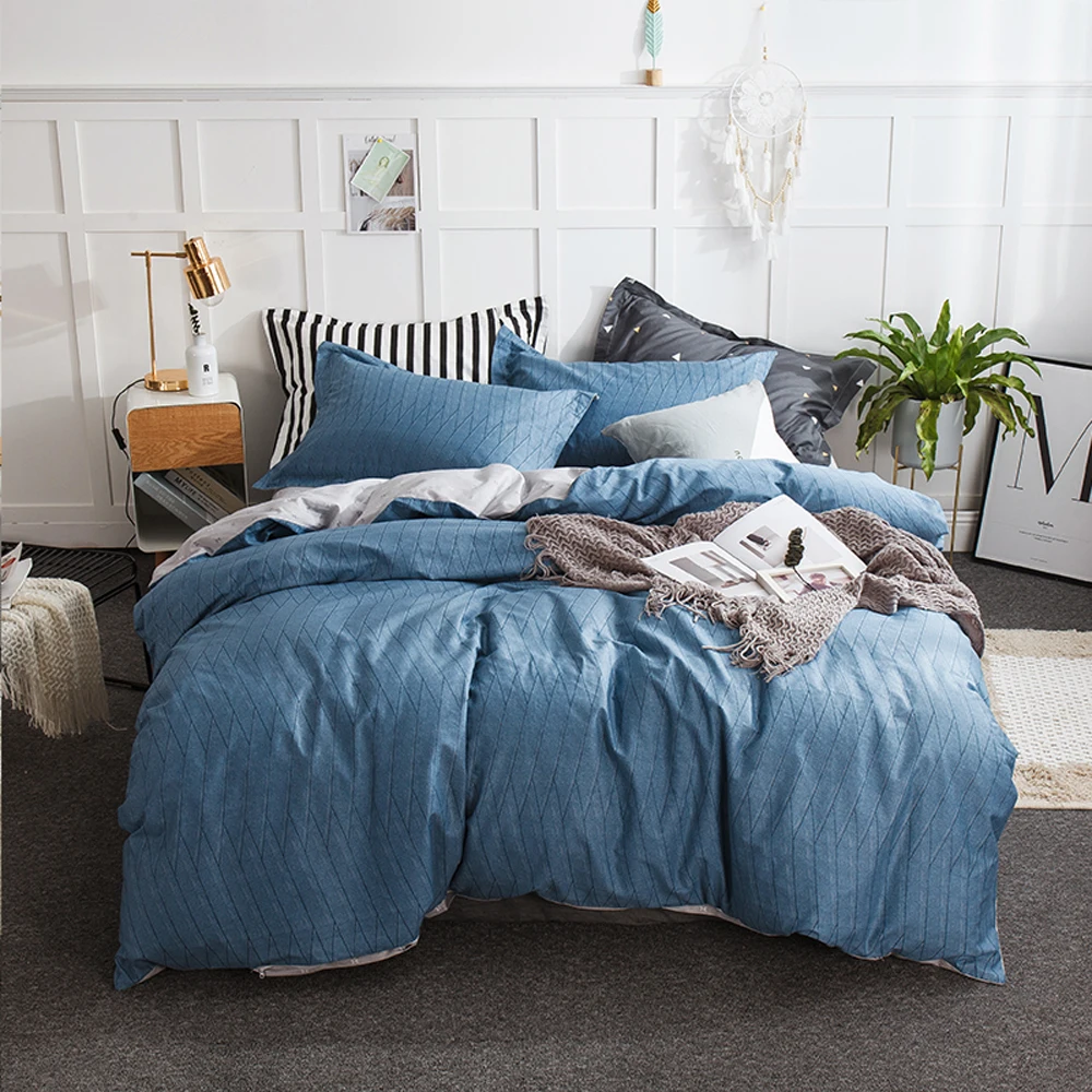 2018 Blue Checkered Print Bedding Set Cotton Duvet Cover Set Flat Sheet