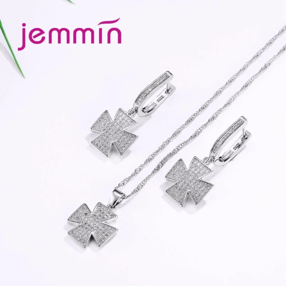 Jemmin модные свадебные Jewelry Set White Crystal геометрический Цепочки и ожерелья серьги Шарм 925 серебряные свадебные комплекты ювелирных изделий