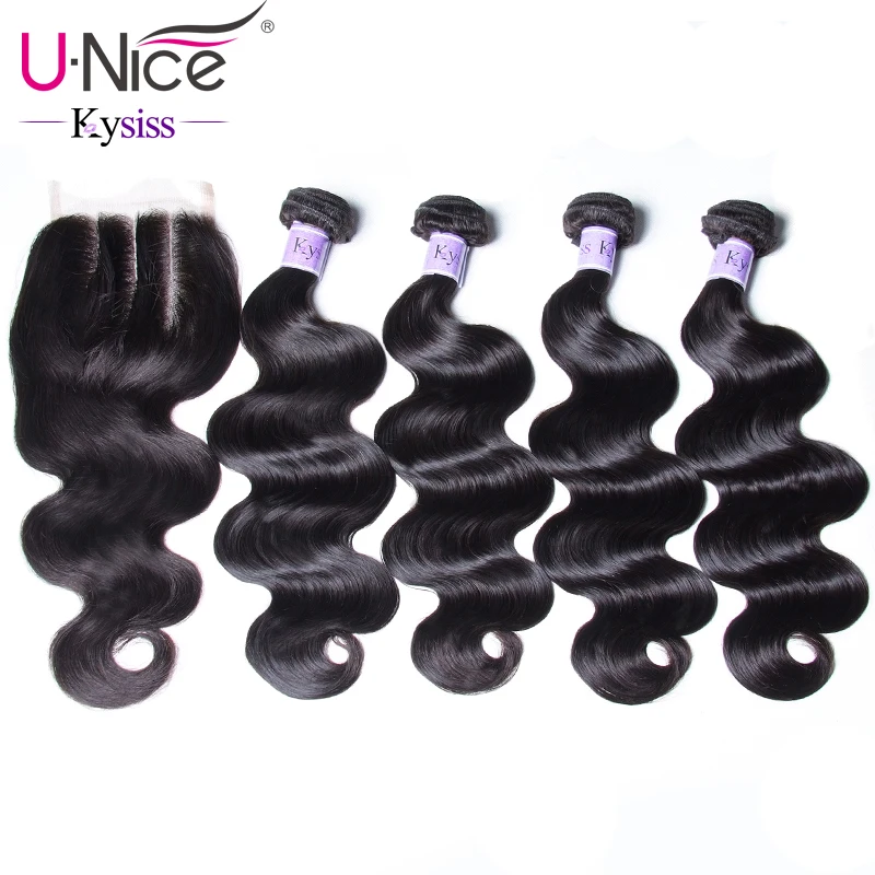 

UNice Hair Kysiss Series 8A Body Wave Peruvian Hair 4 Bundles With Closure Natural Color 8-30 Inch 100% Human Hair Bundles