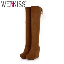 WETKISS/зимние женские сапоги выше колена на высоком каблуке; обувь на танкетке с круглым носком; Стрейчевые женские сапоги; обувь на платформе; Новинка года