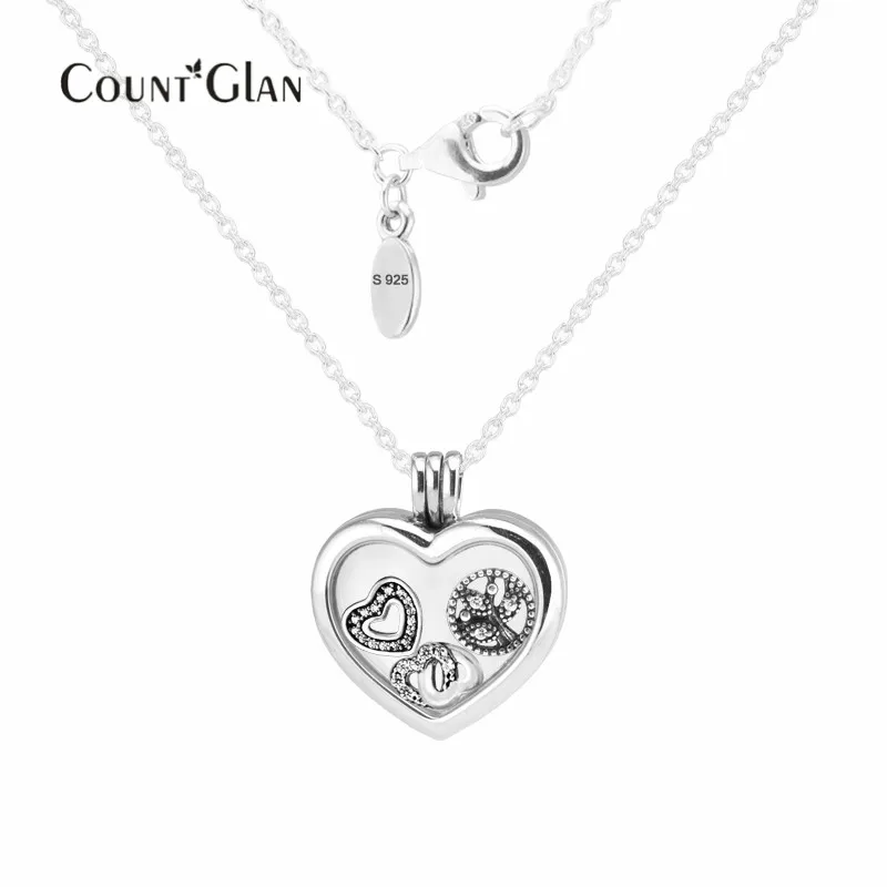 

60cm Large Floating Locket Heart Pendant and Necklace with 3pcs inner Parts 925 Sterling Silver Fine Jewelry Free Shipping