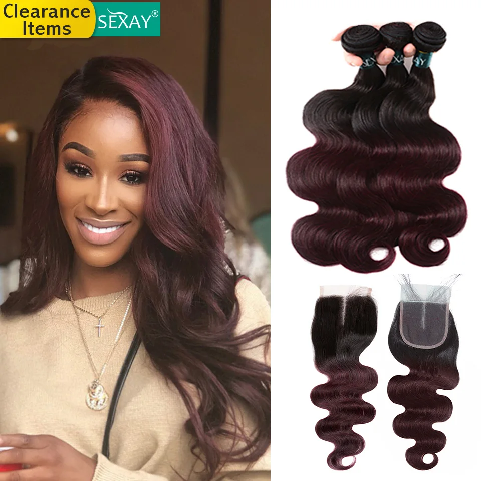 Ombre Burgundy Hair 3 Bundle With Lace Closure 1B/99J Burgundy Dark Wine Re...