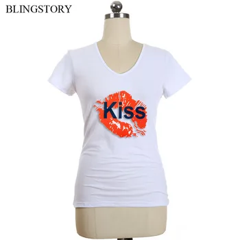

BLINGSTORY V-Neck Cotton T-shirt Plus size Women Red Lips Letter Print Cotton Tee