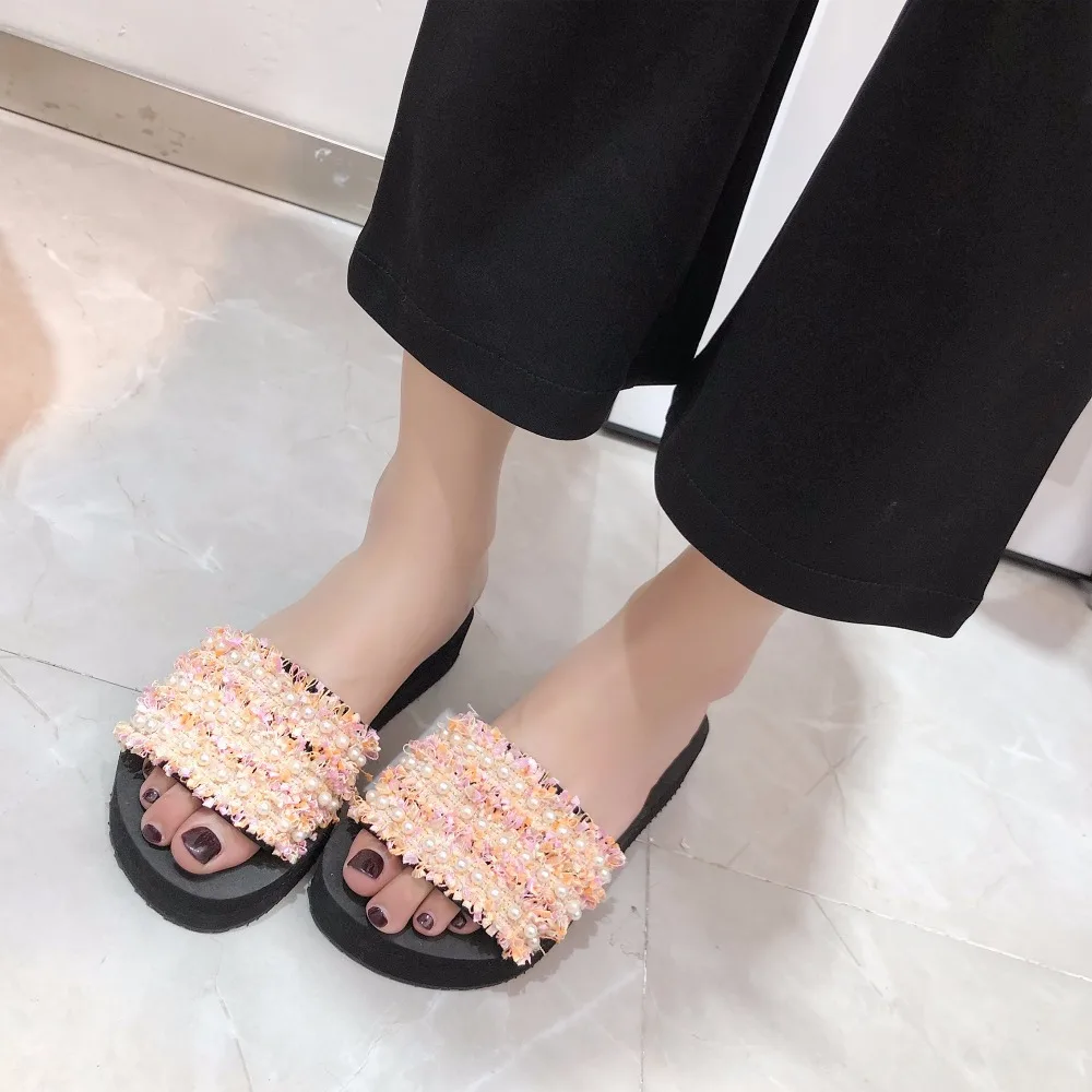 

Fashion women slippers 2019 flock summer slippers mixed colors pearl Lace soft Comfortable Non Slip Damping beach shoes