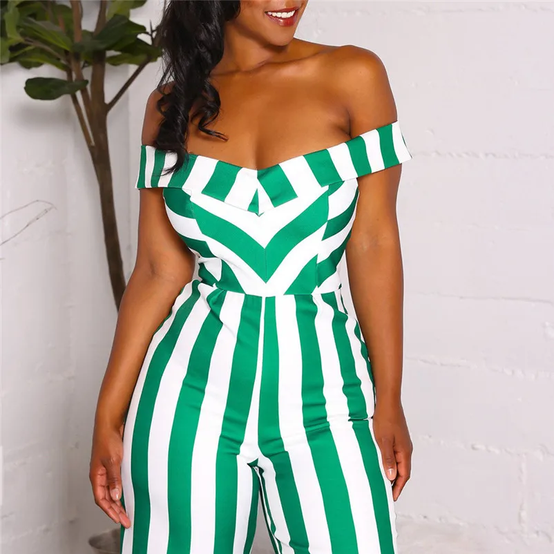 Fashion summer jumpsuit woman 2018 Sexy Off Shoulder V-Neck Striped Printed Strapless Wide-Leg Pants pantaloni siamesi Y12#N (9)