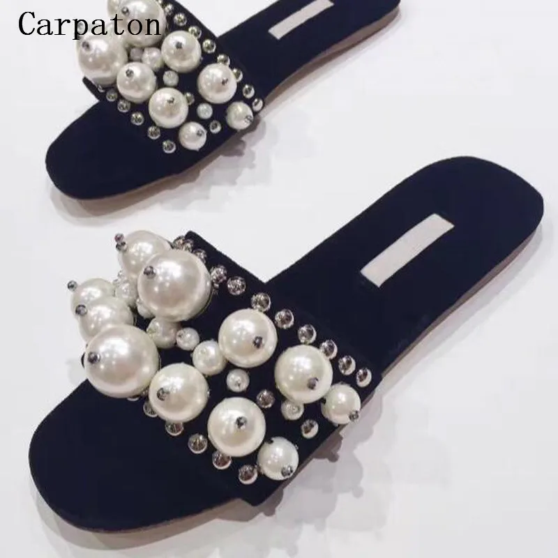 New Arrival Velvet Flat Slippers Women Open Toe Big White Pearl Bead Sexy Shoes Female Flat 