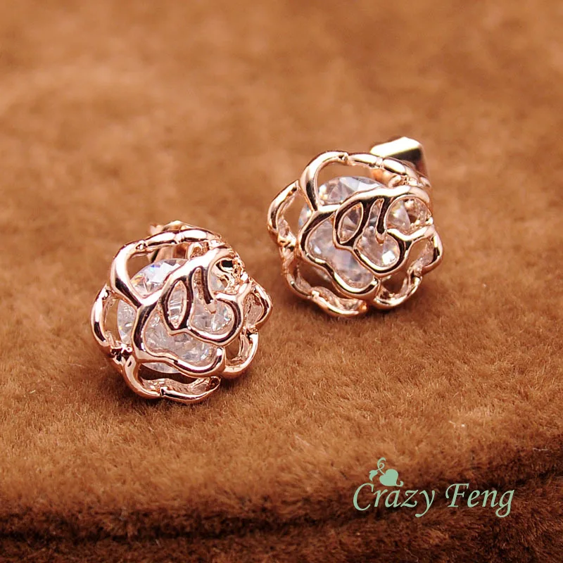 Женские маленькие серьги гвоздики с фианитом розовое золото|flower stud earrings|fashion