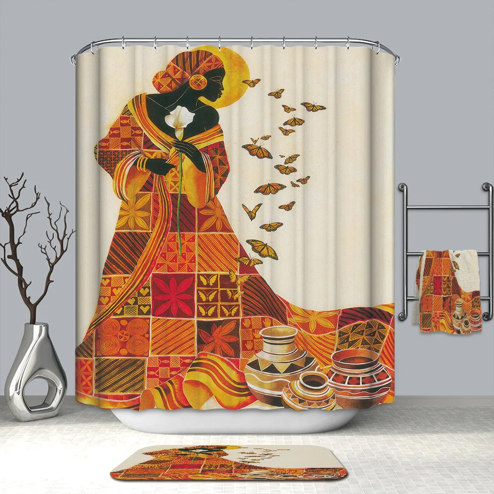 

3D Beautiful Woman Shower Curtains African Girl Pattern Waterproof Mildew Proof Thickened Bath Curtains for Bathroom