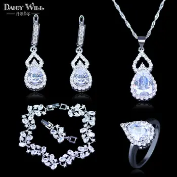 

Trendy Attractive Australia White Crystal Water Drop CZ Crystal Silver Color Bracelets Jewelry Set For Women