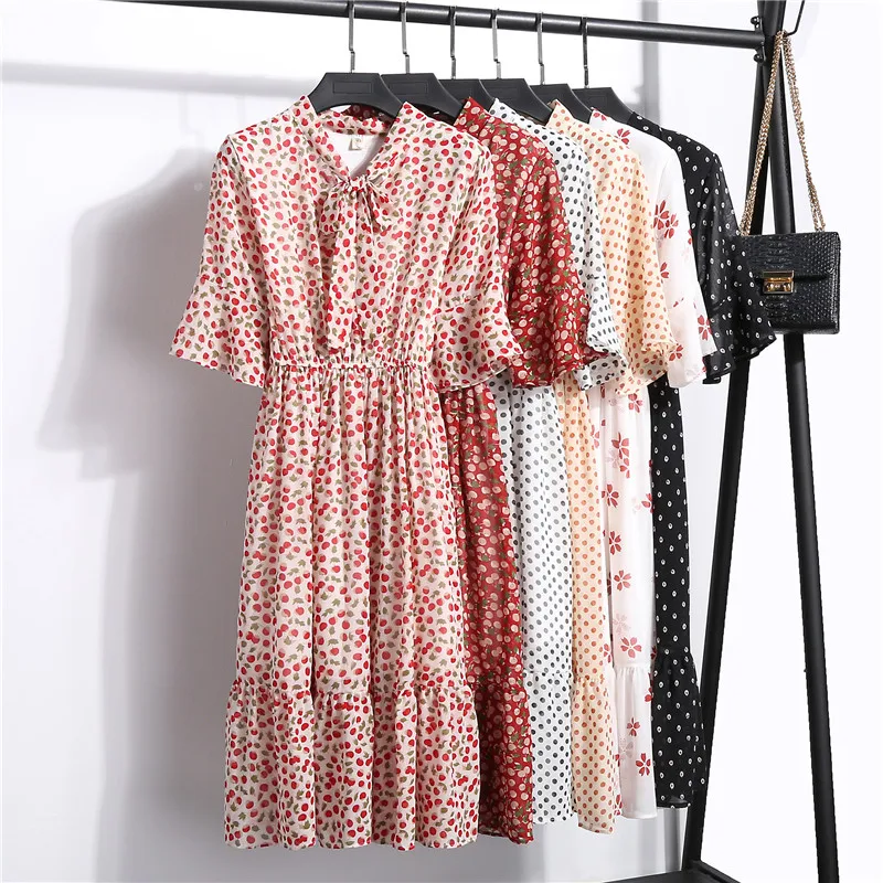 

Women Dress Bow Collar Ruffles Slim Chiffon Dresses 2019 Summer Girls Floral Korean Casual Beach Party Dress Elegant Vestidos