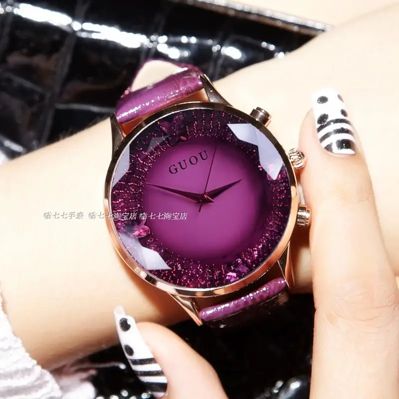 Vente HK GUOU Marque Quartz Lady Montre Strass Étanche Montre Véritable de Femmes En Cuir Haut de Gamme Grand Cadran De Luxe Cadeau Montres