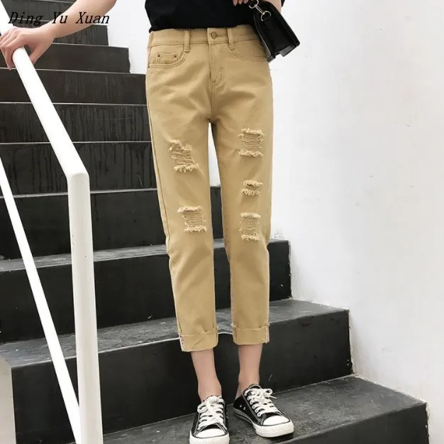 

Plus Size Boyfriend Elastic Waist Distressed Jeans for Women White Khaki Black Ankle-Length Denim Pants Ripped Jeans Woman