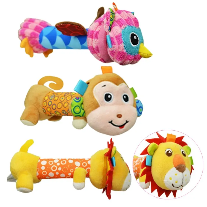 Sozzy Soft Baby Cute Animal Toys Gentle Rattle Squeaker Sound Plush Rod Lion Monkey Elephant Dog