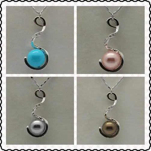 free shipping 4 colors lady's silver plated 12mm blue/pink/gray/brown shell pearl bead designed pendant for Valentine's gift |