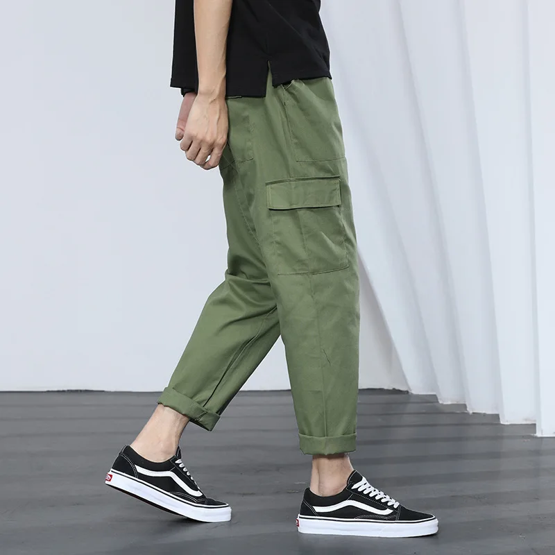 Men's casual multi-pocket overalls spring and autumn thin men's pants elastic waist pants loose straight casual pants men