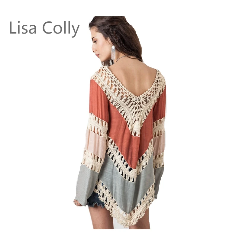 

Hot Sale Women Long sleeve hollow out hand hook flower smock of Europe foreign trade beach color matching Women sweater