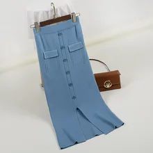 Юбка Осенне-зимняя обувь вязаная юбка новая кнопка разрез юбка ложный карман шаг юбки длинные с пуговицами и пряжками