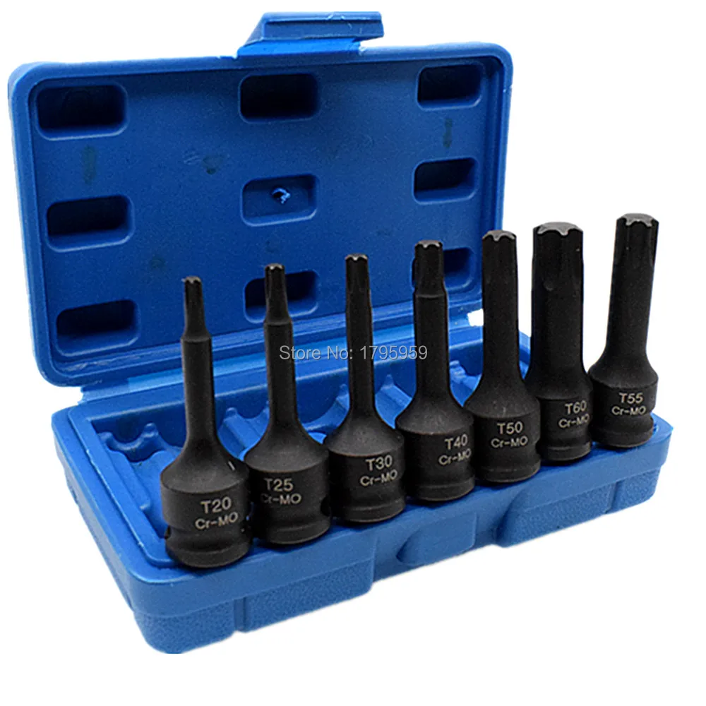 

3/8" Square Drive Impact Torx Star Bits Socket 7 Piece Set CR-MO Screwdriver Bit Socket Wrench Tools T20 T25 T30 T40 T50 T55 T60