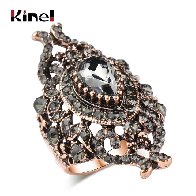 Kinel Unique Gray Crystal Ring For Women Antique Gold Color Vintage Jewelry Party Accessories Luxury Gifts 2018 New
