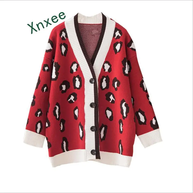 

Xnxee 2019 spring Korean thick sweater coat fashion casual female student campus loose leopard knit cardigan lazy style sweater