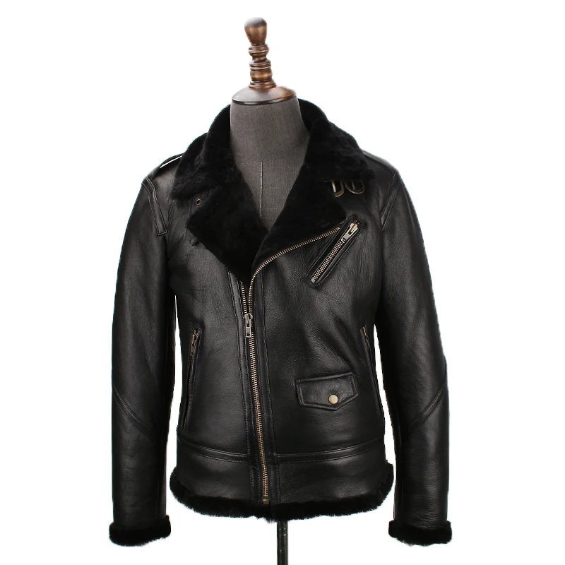 

Read Description! Asian size super quality warm genuine sheep fur leather jacket mens shearling bomber military fur jacket M-565