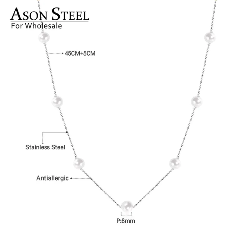 ASONSTEEL Gold/Silver White Black Round Imitation Pearl Pendant Necklace Stainless Steel Snake Chain Jewelry Collars Gift Party