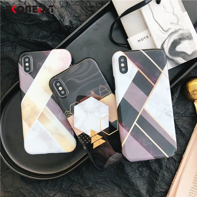 

EKONEDA Soft TPU Protective Case For iPhone X Glossy Geometric Marble Back Cover For iPhone 6 6S 7 8 Plus Case