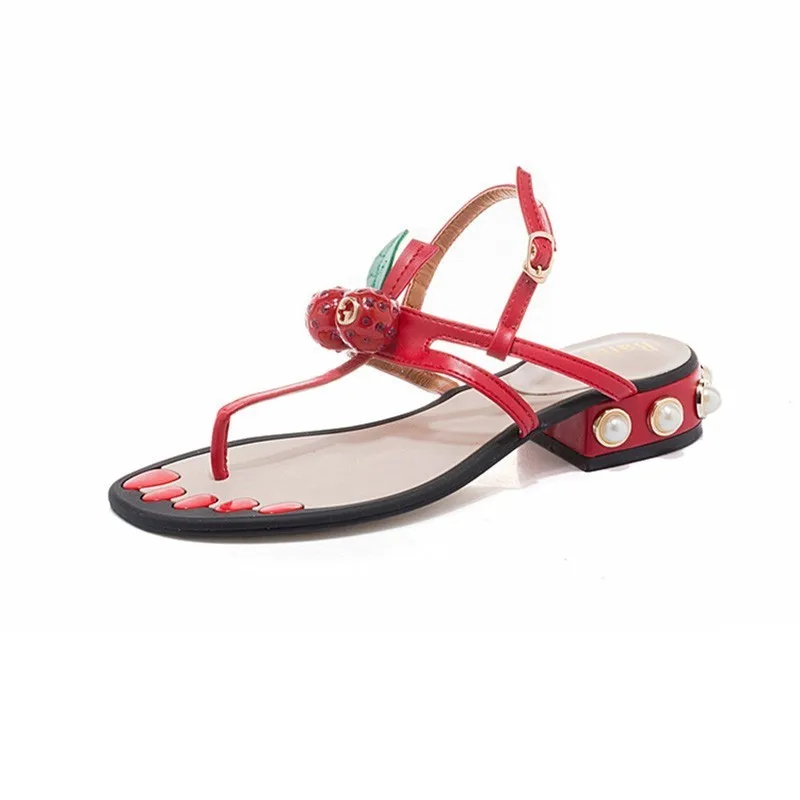 

Summer Hot Fashion Sandals Women Leather Pearl Designer Square Heel Cherry Decor Buckle Sandals Flip Flops Female Shoes Beach