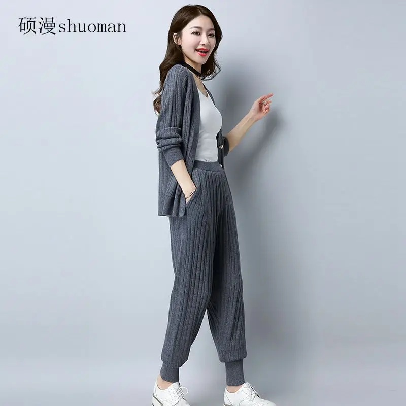 Women Knitted Sweater 2017 Fashion Cashmere Sweater Women Cardigan Sweater Female V-Neck  Women Sweater+pants Knitted Coat