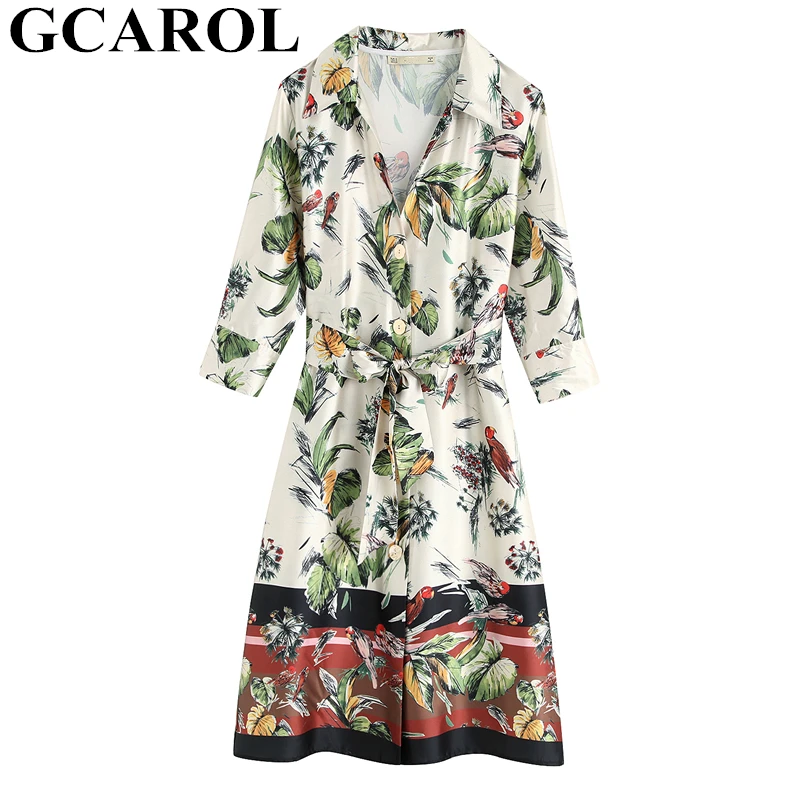 

GCAROL 2019 Spring Summer Floral OL Shirt Dress With Sashes Turn-Down Collar 3/4 Sleeve Single Breasted Long Dress