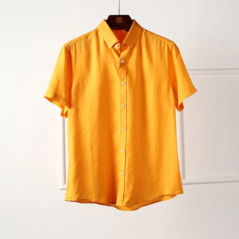 Мужская классическая рубашка с коротким рукавом с оранжевыми пуговицами из хлопка и льна для летней моды - Цвет: 92T0084
