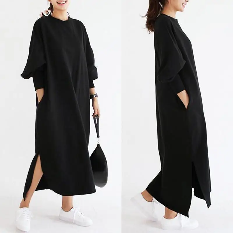 

ZOGAA New plus size women spring new long-sleeved long split fork dress Fashion streetwear dress women 2 colour S-3XL long dress