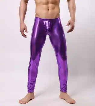 

Fashion mens Sexy Shiny Hot Print Print leather ice silk slim Long Johns men's Jumpsuit Sleep bottom Trousers Male panties