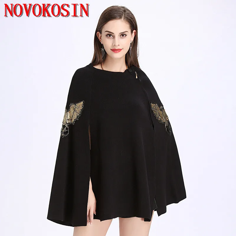 

2018 Autumn Winter Long Knitted Embroidered Butterfly Sweater Women European Both Sides Open Stitch Pullovers Thin Poncho