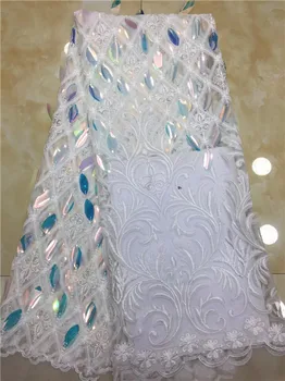 

Latest white african french tulle net lace fabric for wedding dress beautiful sequins fabric high quality X01
