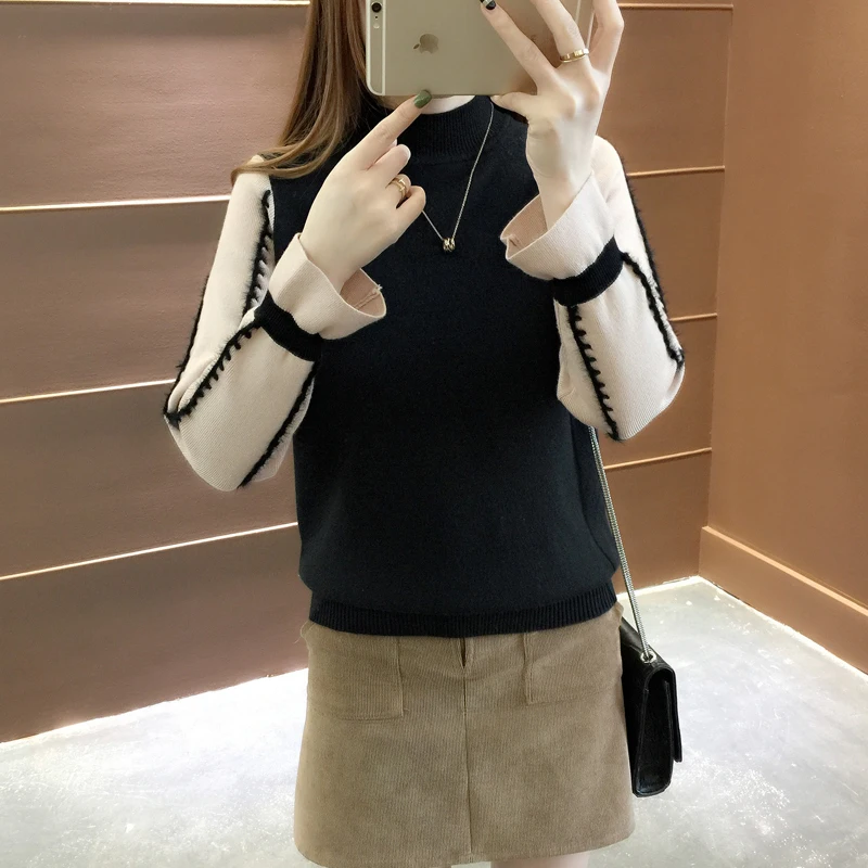 

New Fake Two Knitted Sweater Women Contrast Color Sweaters And Pullovers Autumn Winter Turtleneck Long Sleeve Sweater Tops
