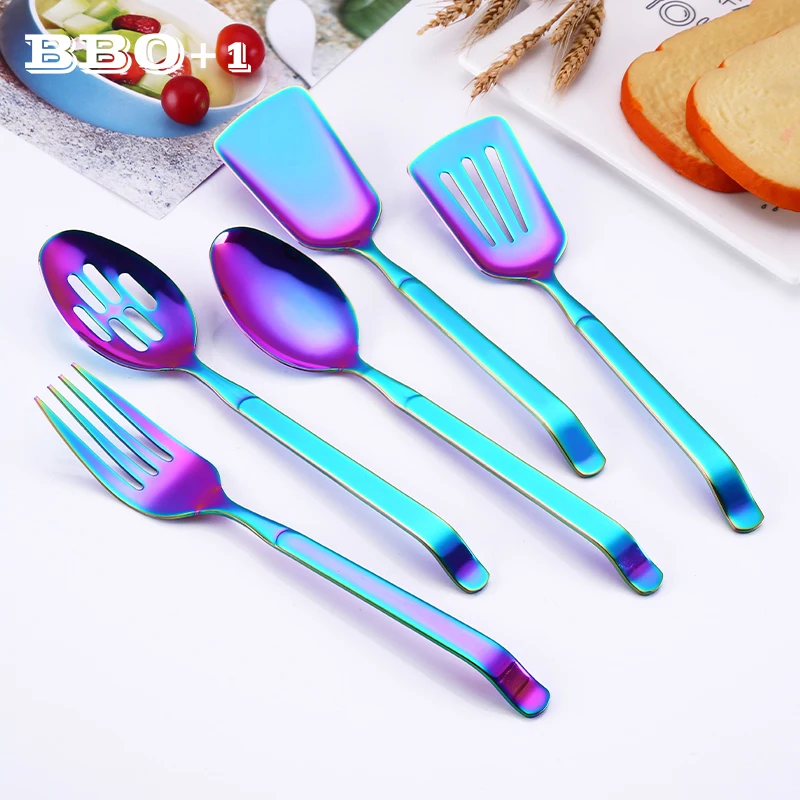 

Rainbow Cookware set Kitchen Accessories Stainless Steel Public Buffet Serving Spoons Fork Turner Colander Kitchenware Xmas Gift