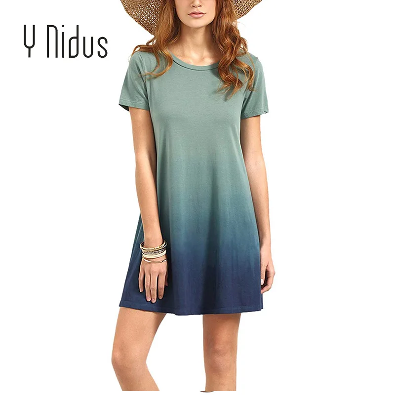 

Y Nidus Women's Dresses Summer Mini Dress 2018 Casual Tunic Swing T-Shirt Dress Short Sleeve Tie Dye Ombre Chic Dress vestidos