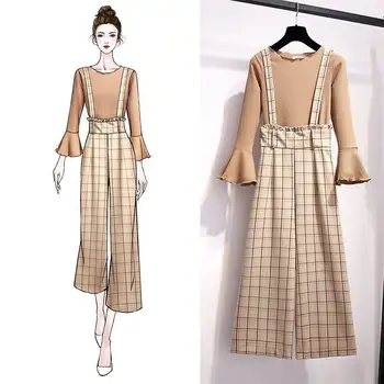 

Spring Autumn Two Pieces Set Women Flare Sleeve Knitted Tops + Plaid Wide Leg Pants Sets Female 2019 New Fashion Casual Set J124