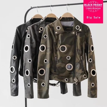 

2018 Autumn fashion Camouflage Army Green Rivet PU Leather Jacket Women Metal circle Hollow Out Moto Coat Punk outwearL1075