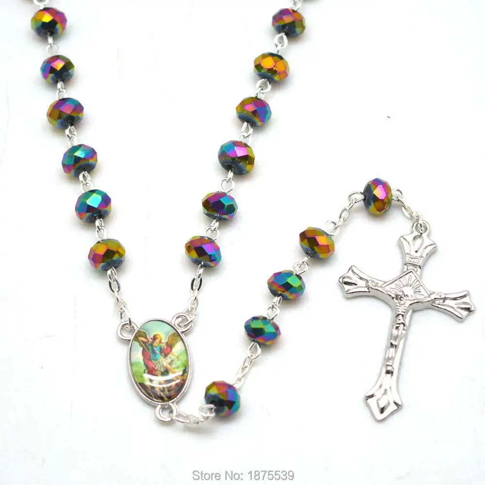 Saint Michael Rosary Flat Crystal Bead 6*8 mm Chain Necklaceschain